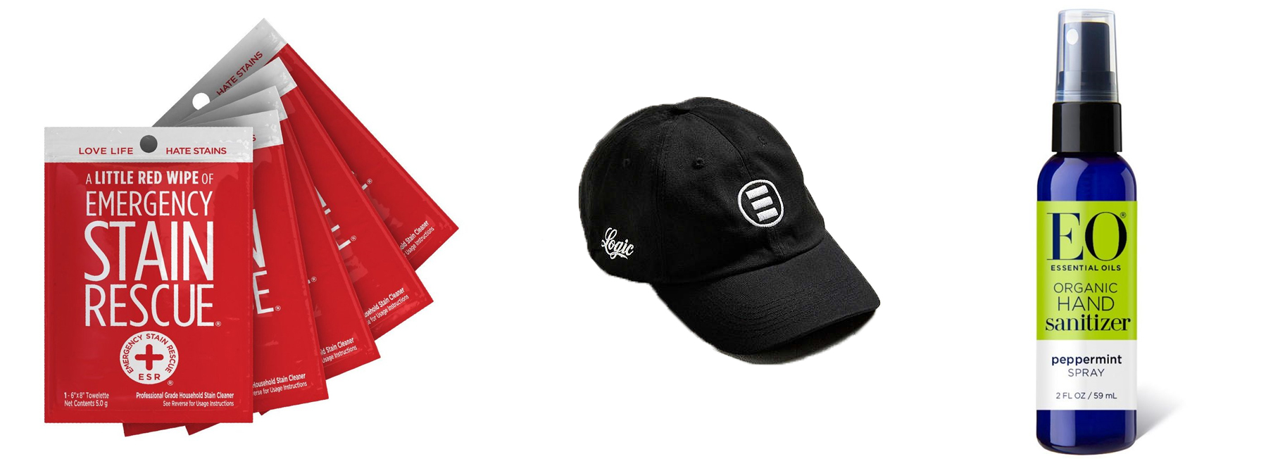 Stain Rescue Wipes, Unisex Dad Cap, and EO Hand Sanitizer