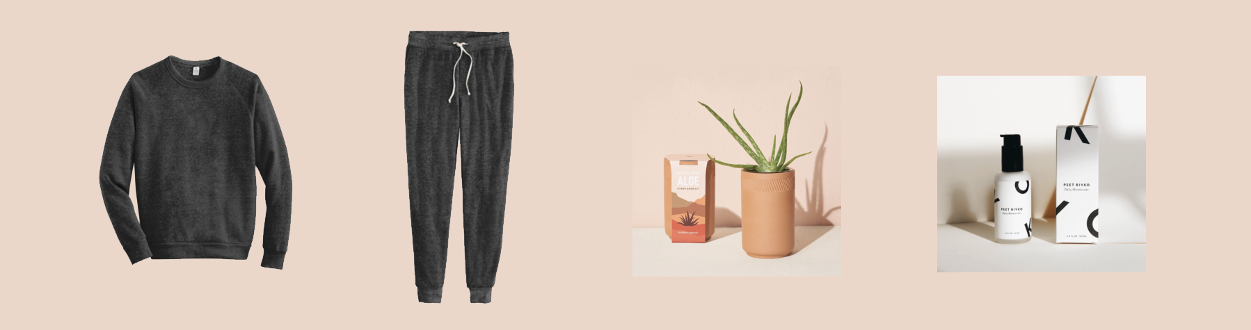 Alternative Eco Shirt, Alternative Joggers, Terracotta Grow Kit, and Peet Rivko Moisturizer