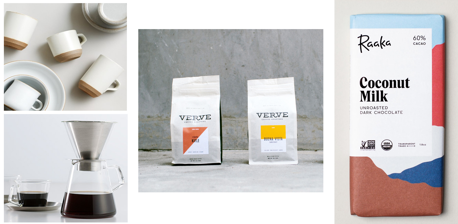 Kinto Ceramic Mug (2), Kinto Coffee Carafe, Verve Coffee Roasters, Raaka Chocolate Bar