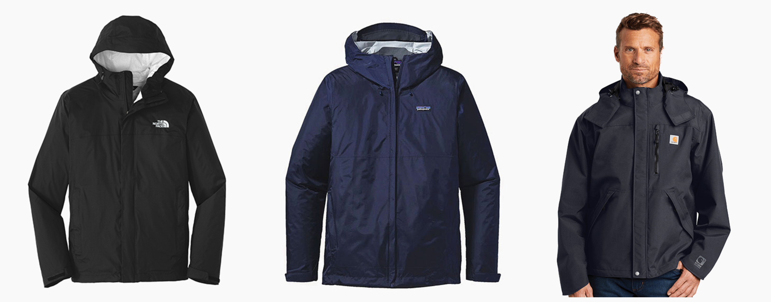 The NorthFace DryVent Rain Jacket, Patagonia Torrentshell Jacket, Carhartt Shoreline Jacket