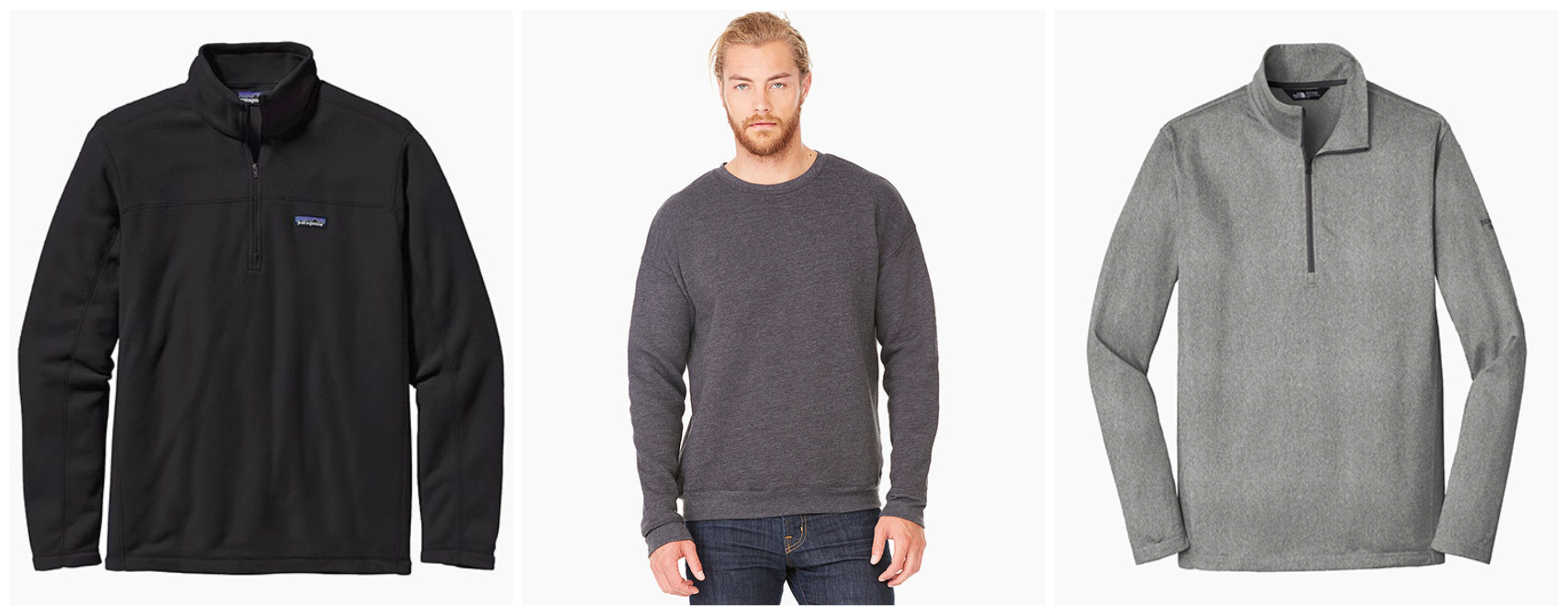 Patagonia Men’s Micro D Pullover, Bella + Canvas Unisex Sponge Fleece Sweatshirt, The North Face Tech ¼ Zip Fleece