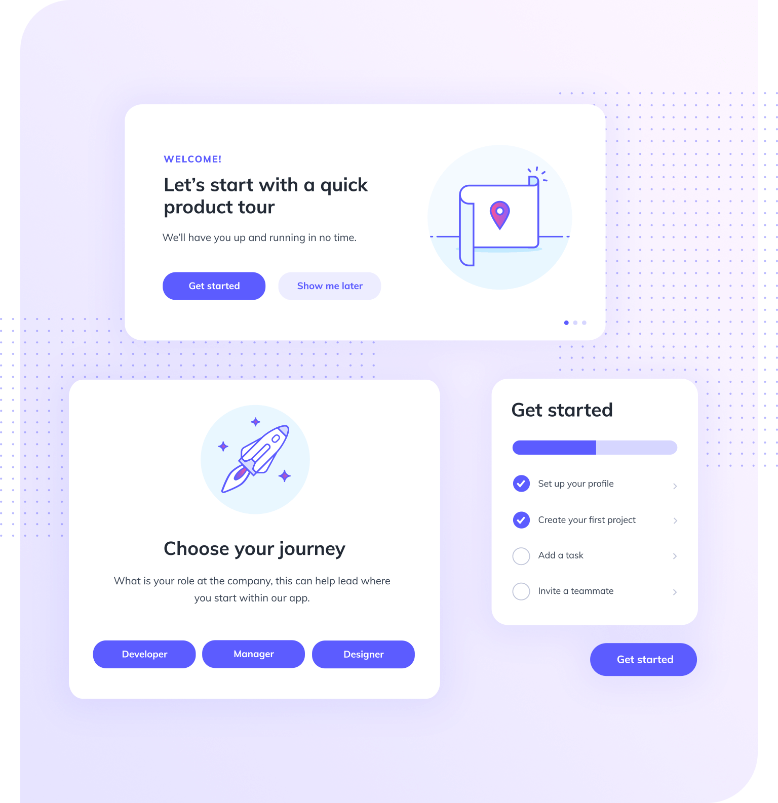 Image of a two onboarding modals and an onboarding checklist