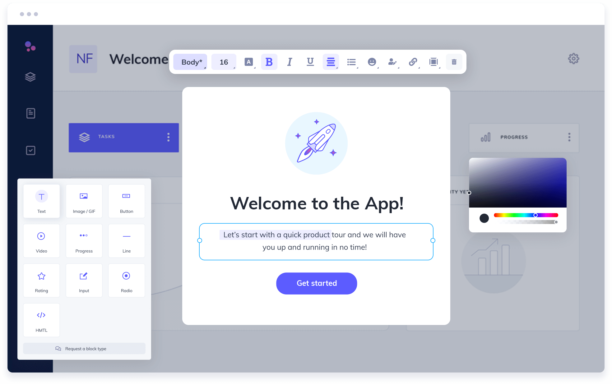 Image of a user onboarding modal being created within Appcues no-code builder