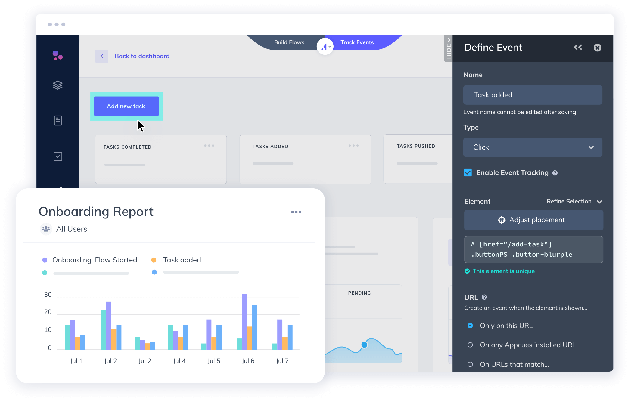 Image of Appcues click-to-track and a chart from Appcues Events Explorer