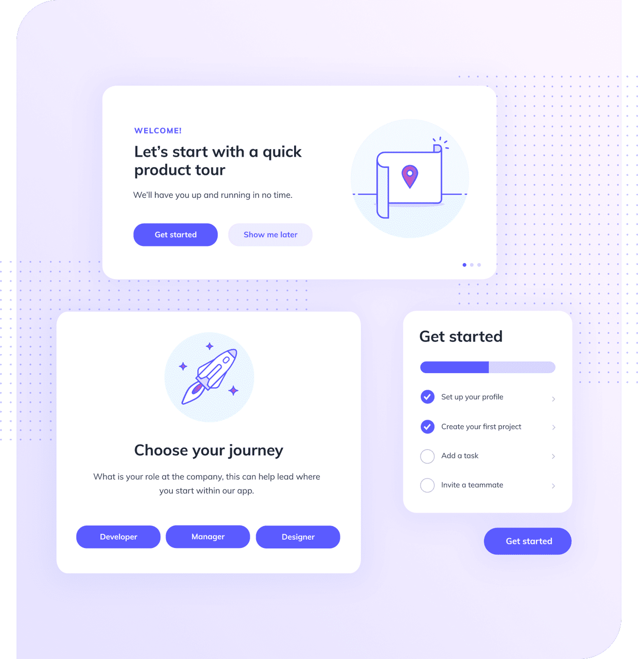 Image of a two onboarding modals and an onboarding checklist