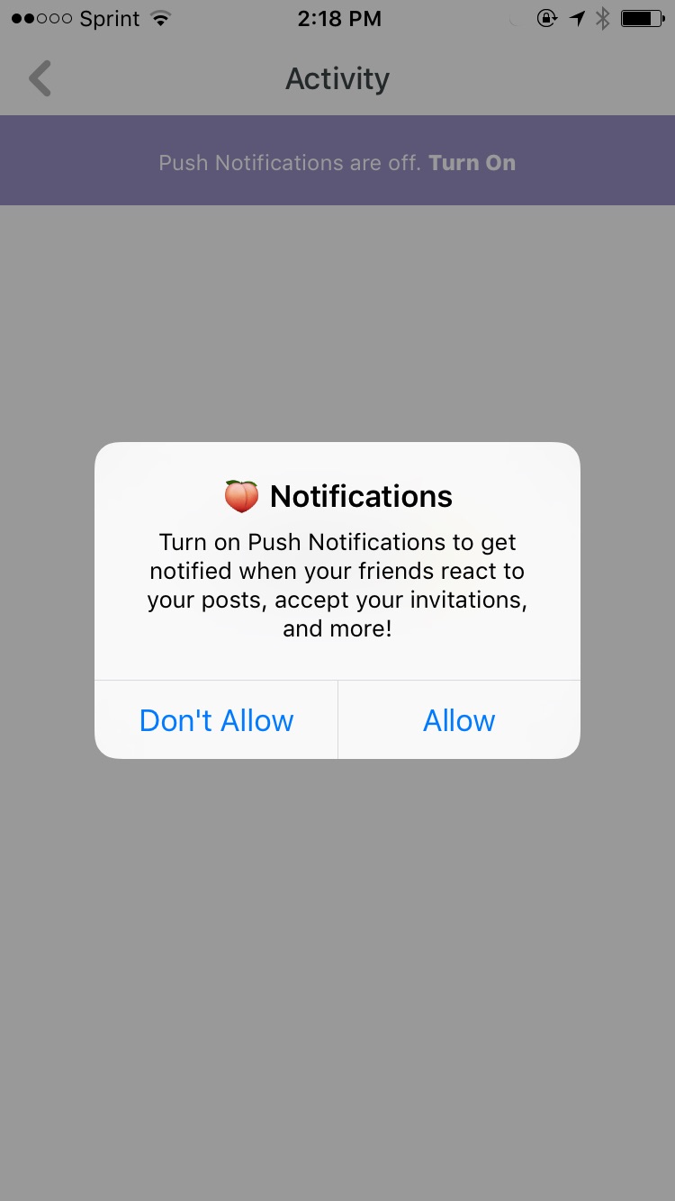 push notification permission priming example from peach mobile app