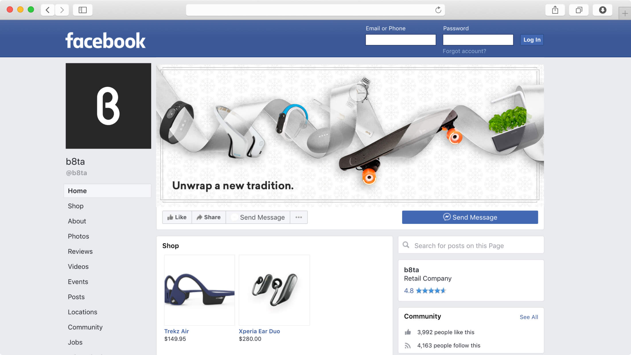 Screenshot of b8ta Facebook account page.