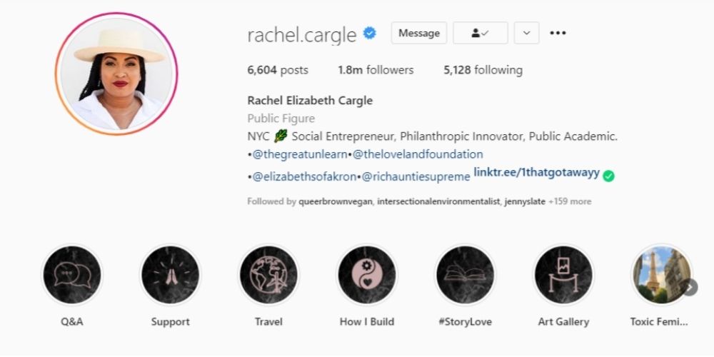 Rachel Cargle's Instagram bio with her Patreon attached