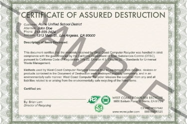 Sample of Certificate of Data Destruction