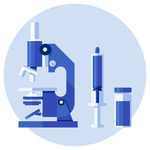 A microscope, a syringe and a bottle