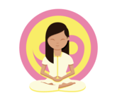 Woman meditating in front of a yellow and pink ying yang symbol with her legs crossed, hands together and eyes closed looking after herself.
