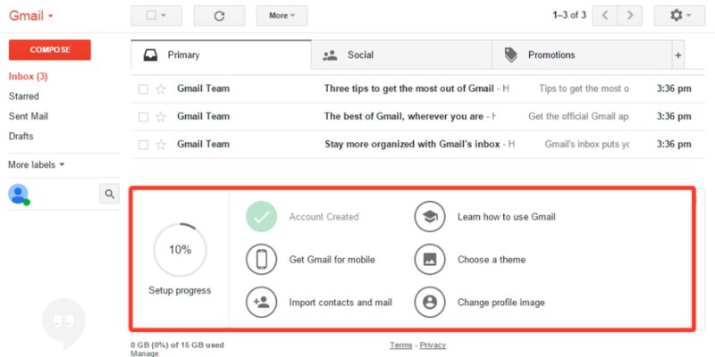 A screenshot of a product bumper—Gmail showing a checklist that tracks a users progress in setting up their account