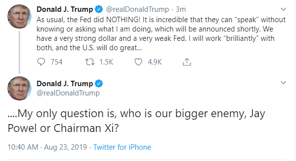 Trump tweets: 'Who is our bigger enemy,' Fed's Powell or China's Xi?
