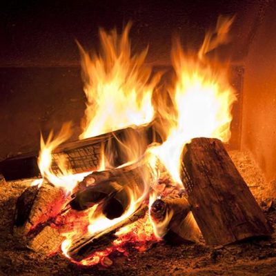 Firewood burning in a fireplace