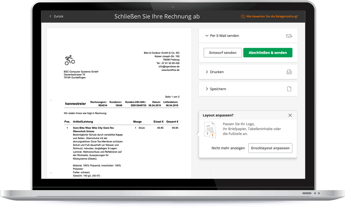 Rechnung per Email versenden mit lexoffice