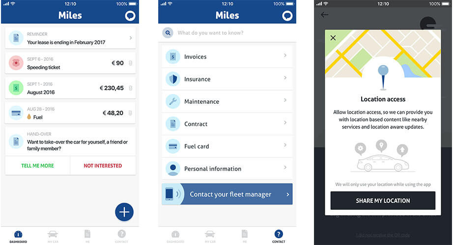 The different screens and functions of the 'Miles Mobile.Next' app