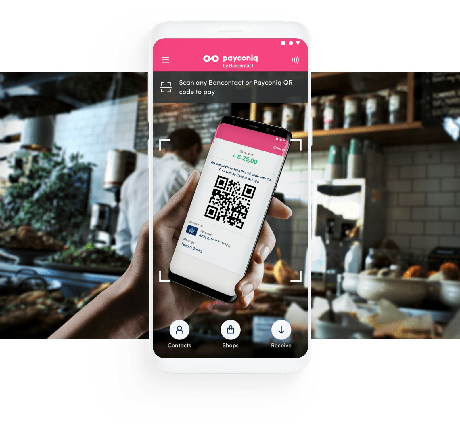 Mobile device scanning a QR code with the Payconiq by Bancontact app