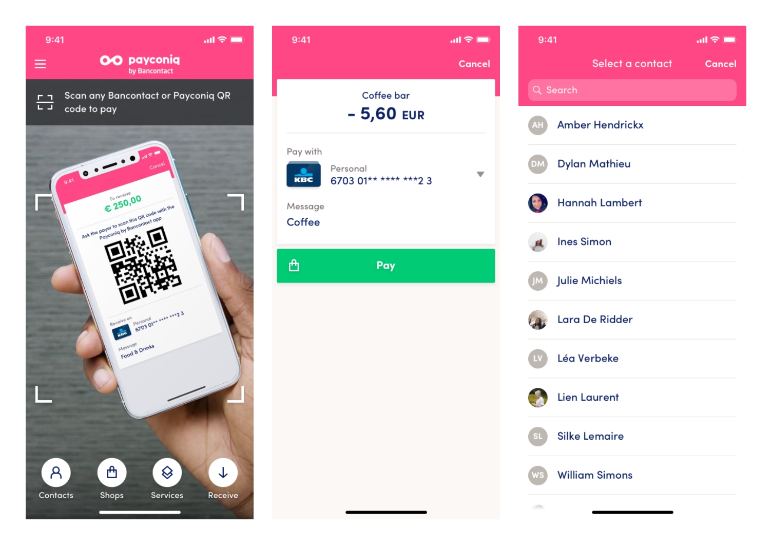 Screenshots of the Payconiq by Bancontact app
