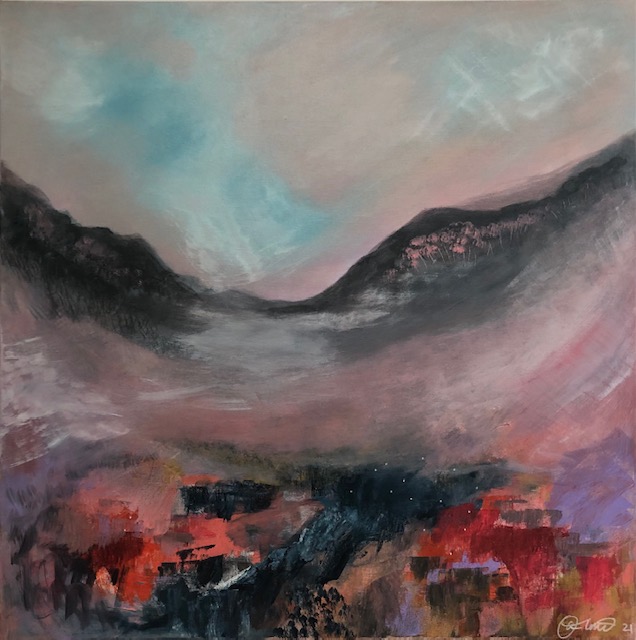 'Anjum Olmo's art practice focuses on contemporary landscape paintings and printmaking inspired by the sacred country of the traditional owners the Gundungurra and Darug first nation people of the Blue Mountains.