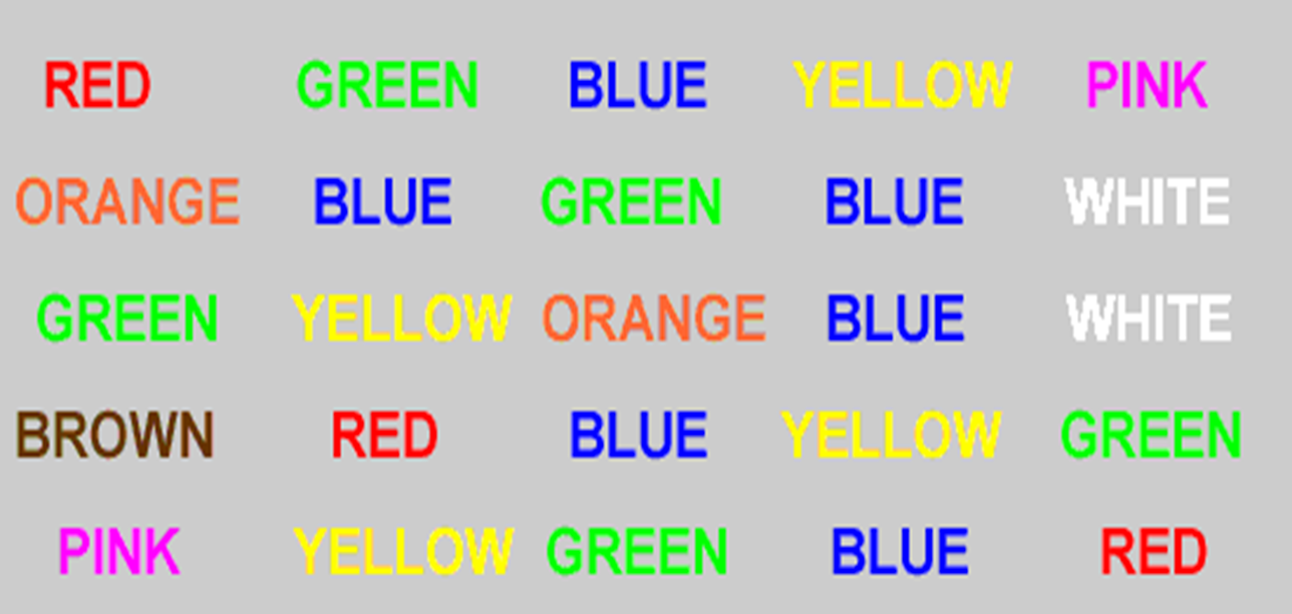 Box containing the names of colors written in the corresponding color.