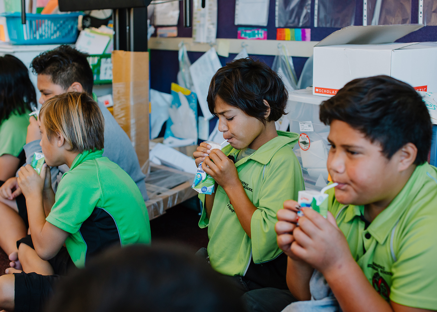 School children drinking milk