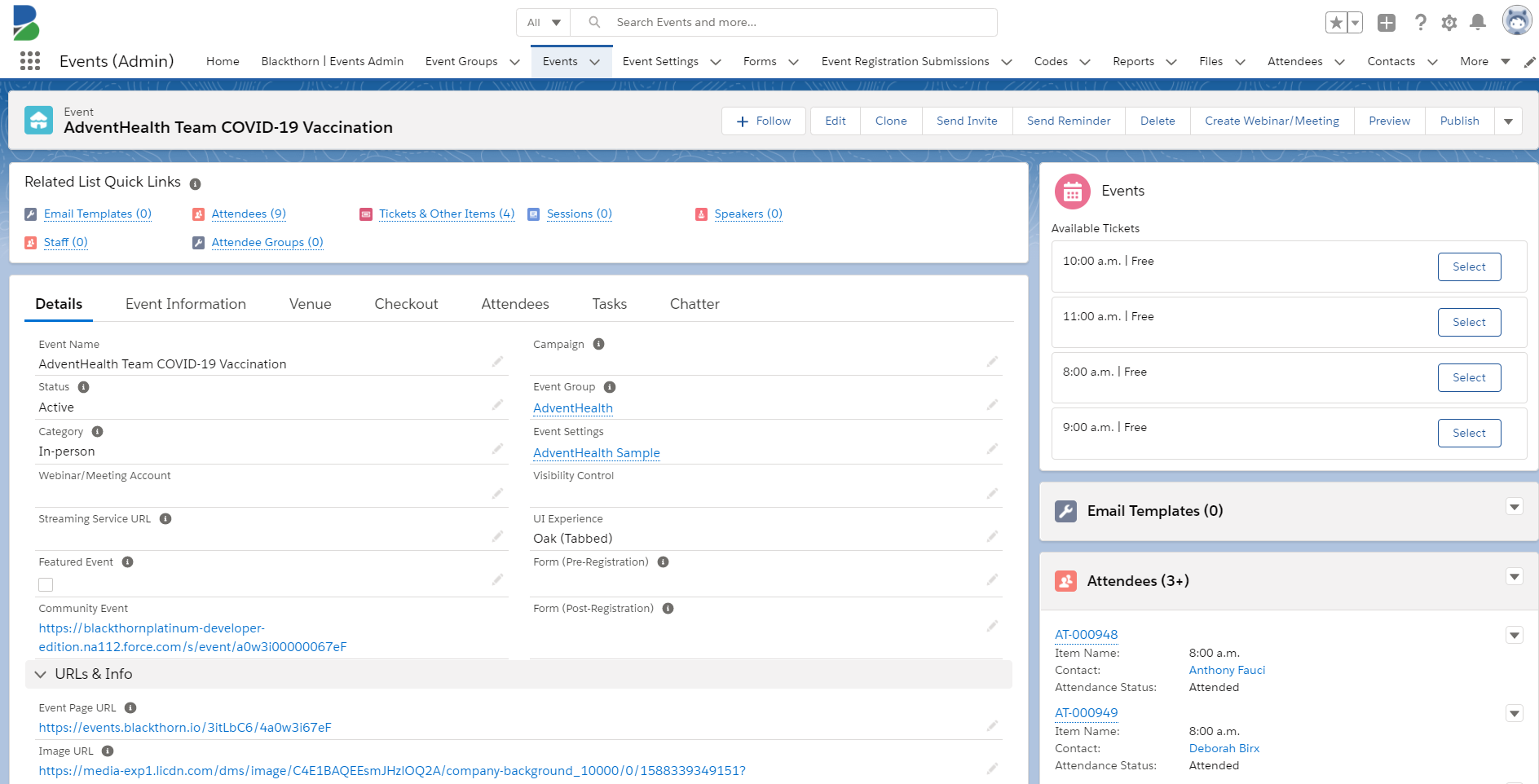Admin Interface - Blackthorn Events and AdventHealth
