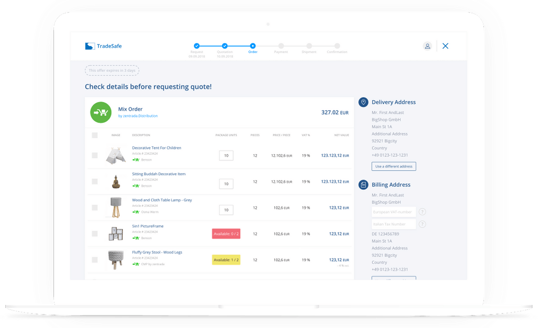 Zinet Rada TradeSafe | B2B Checkout von zentrada