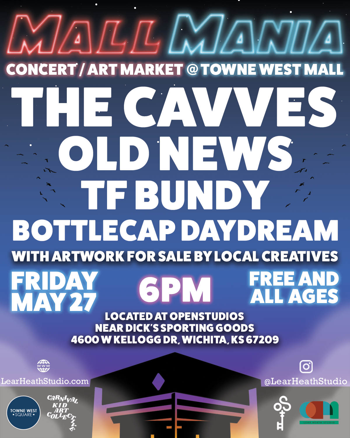 Poster advertising "Mall Mania" beginning at 6pm on May 27, 2022 and includes 4 bands, The Cavves, Old News, TF Bundy and Bottlecap Daydream.