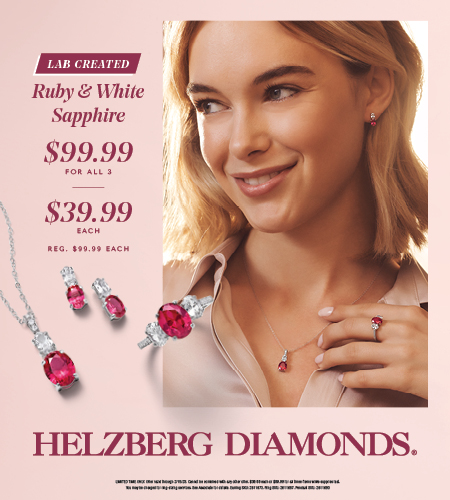 pink background with red lettering. ruby necklace and earing set