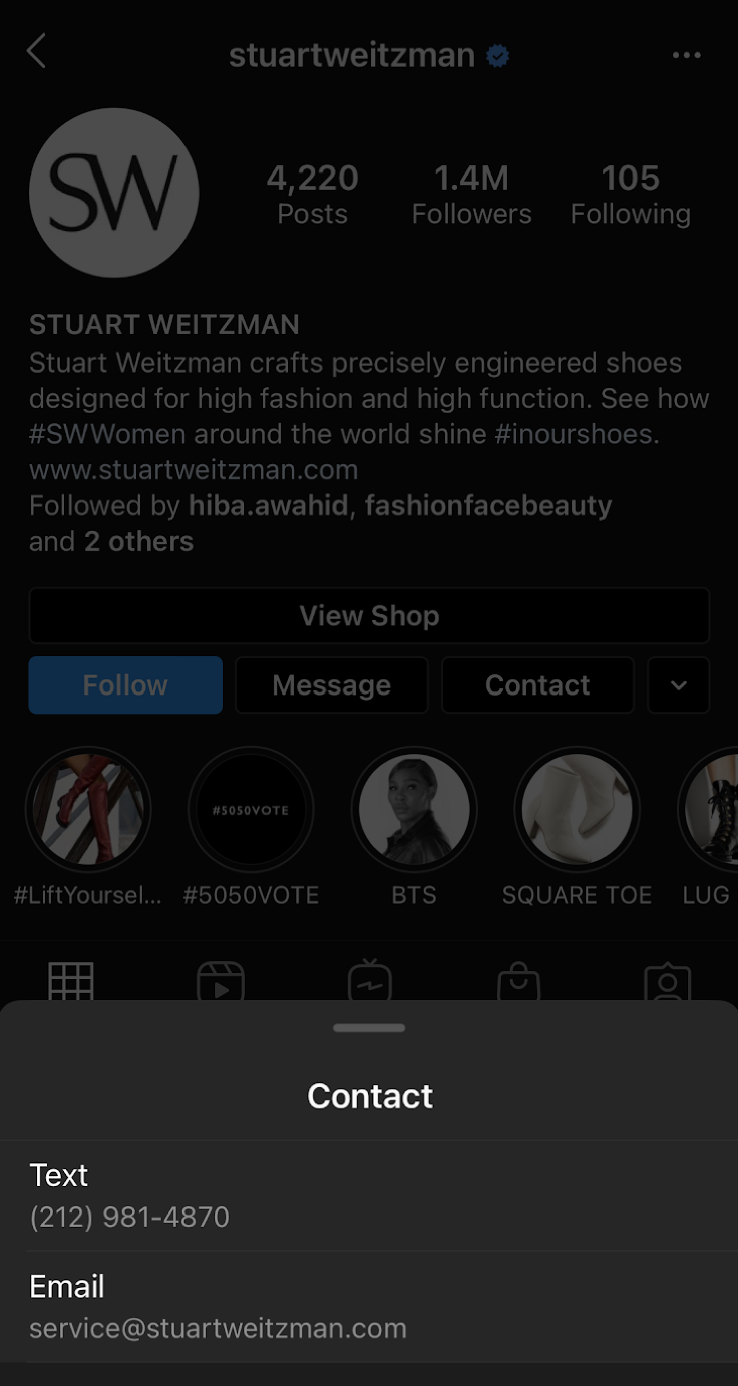 Click to action "text us" button on an Instagram business profile