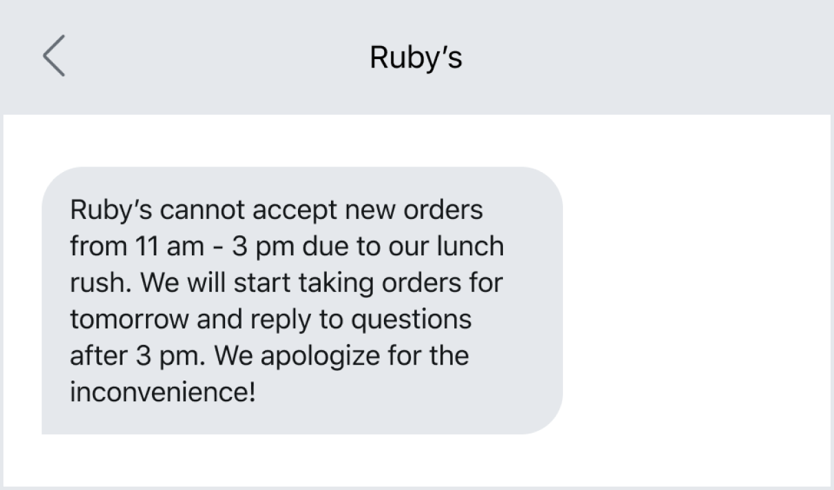 Text example of a restaurant automated message