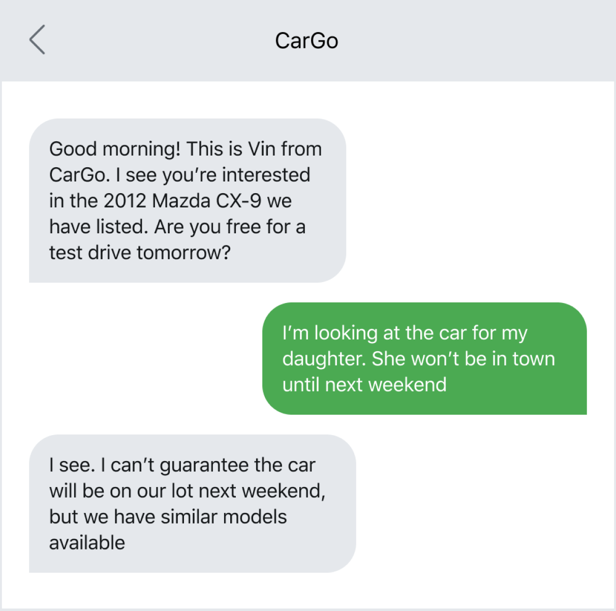 Text message example of texting a prospective customer