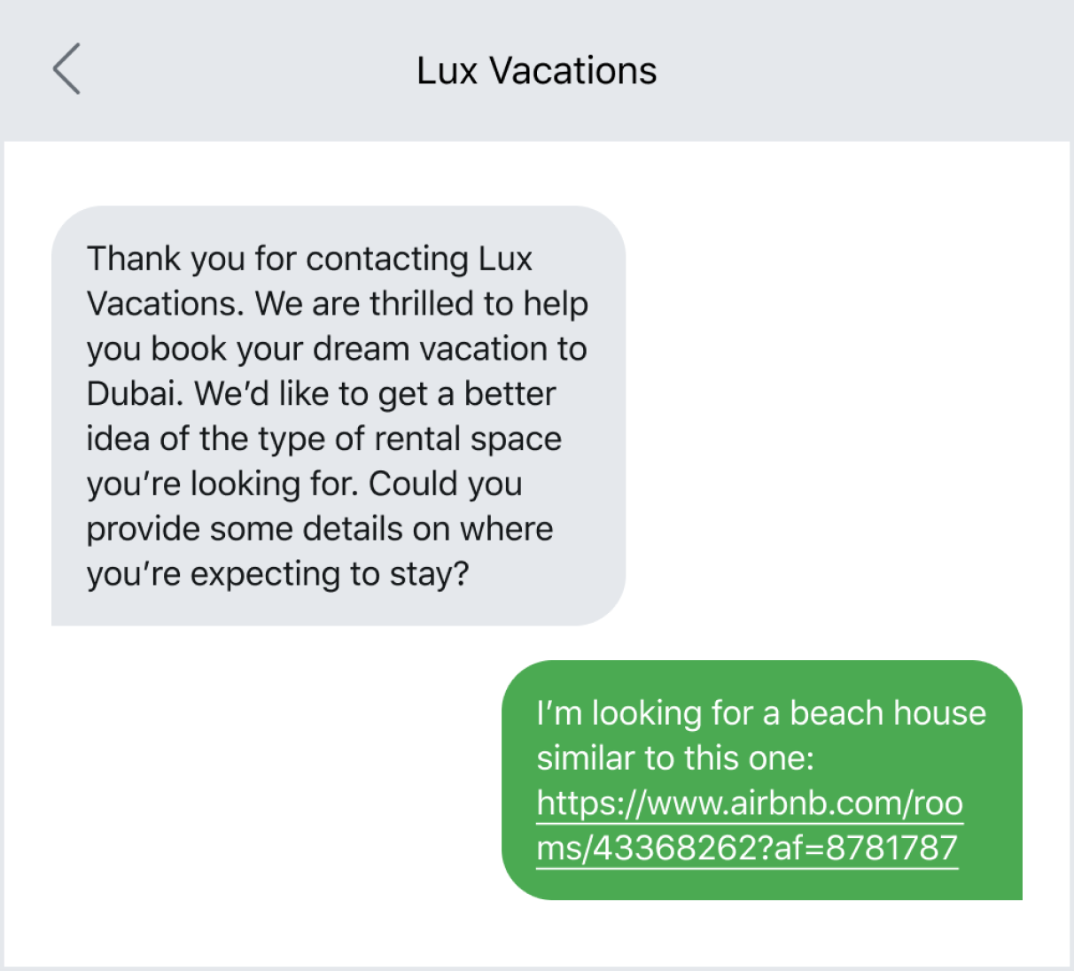 Text message example of gathering information from a lead