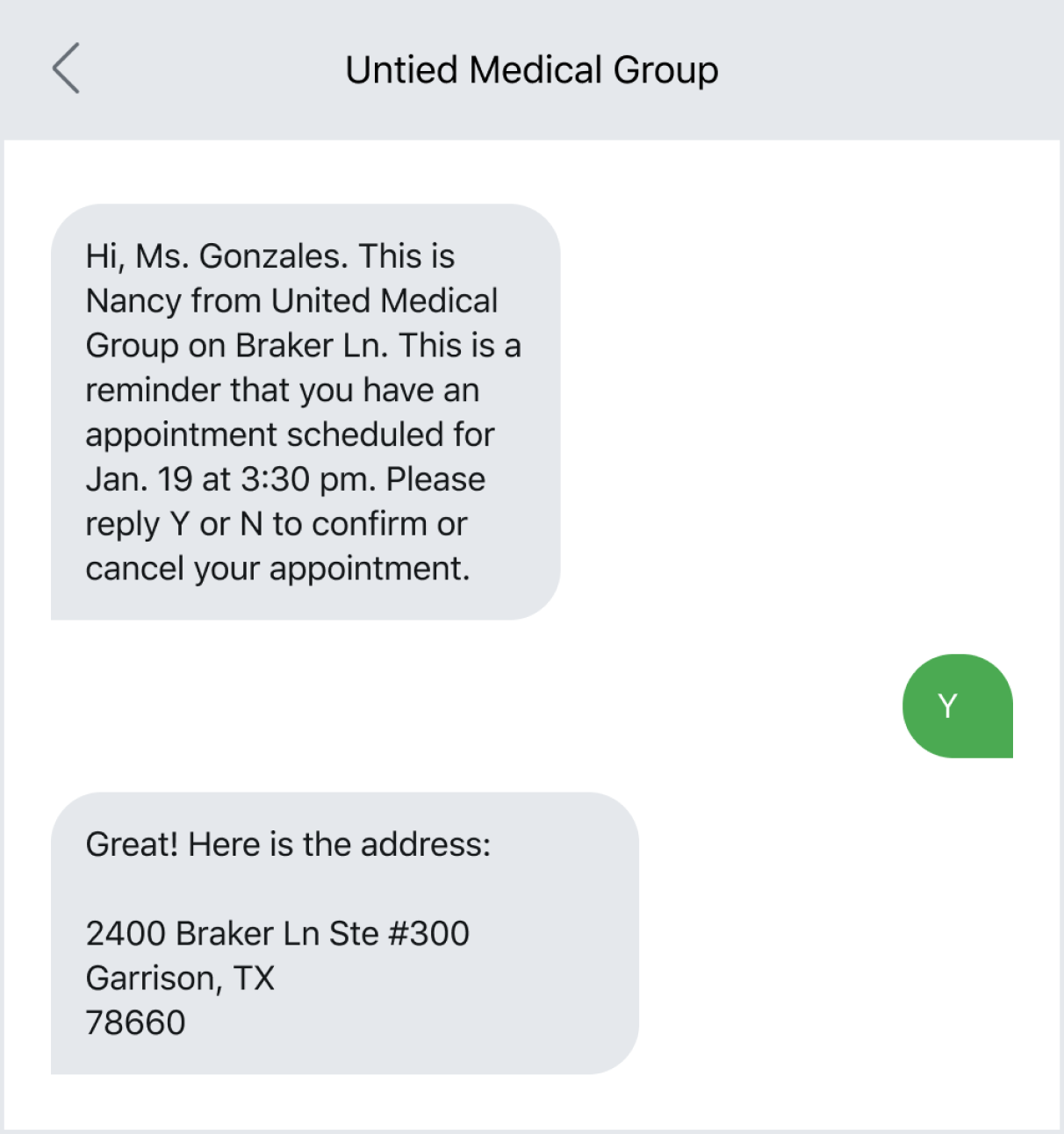 Text message example regarding a physical appointment