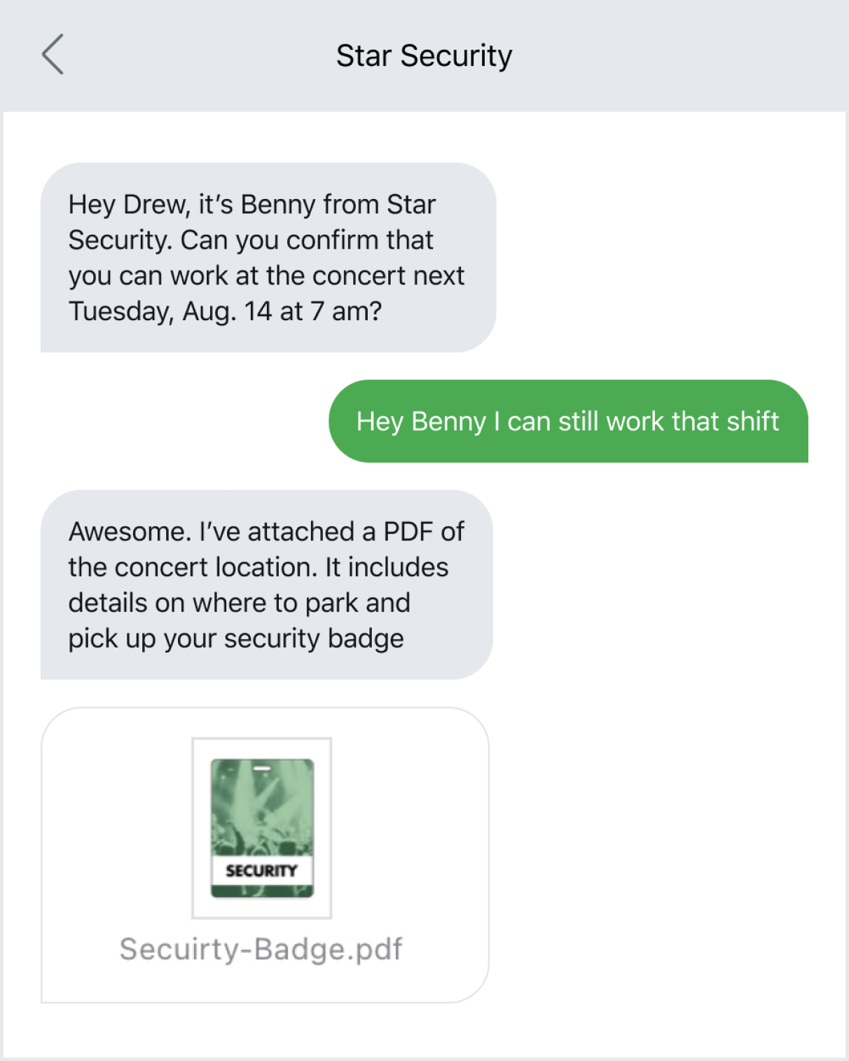 Text message example of sending a PDF