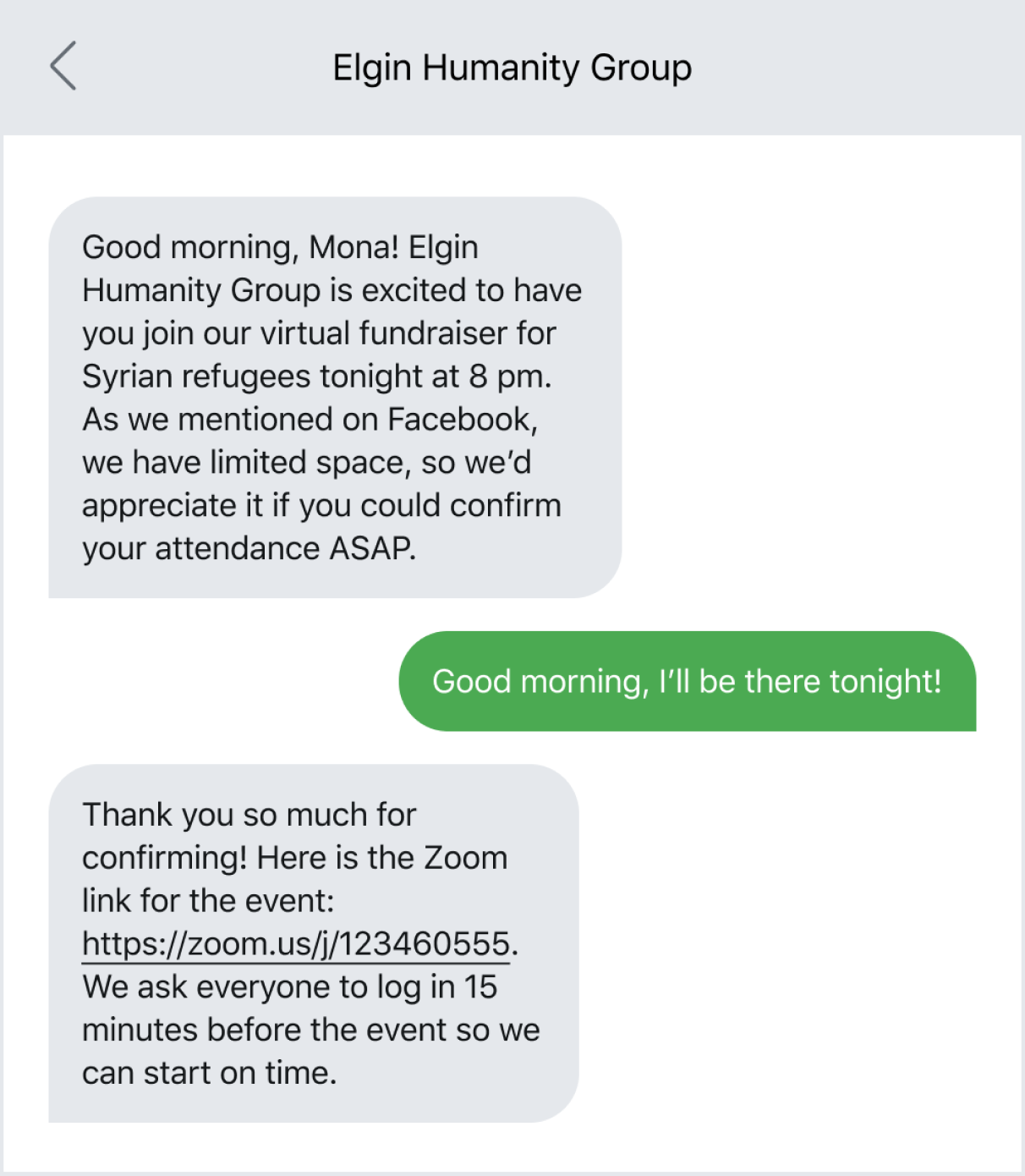 Text message example of confirming attendance at virtual events