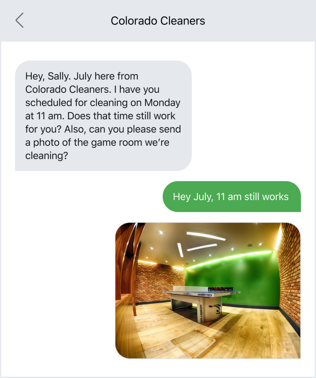Text message example of asking for photos on a job
