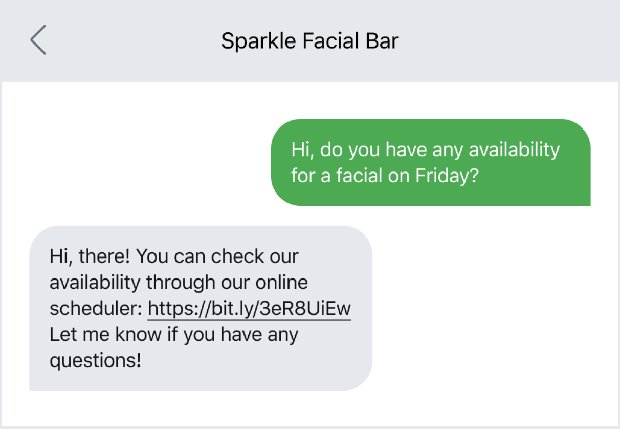 Text message example of sending a link to schedule an appointment