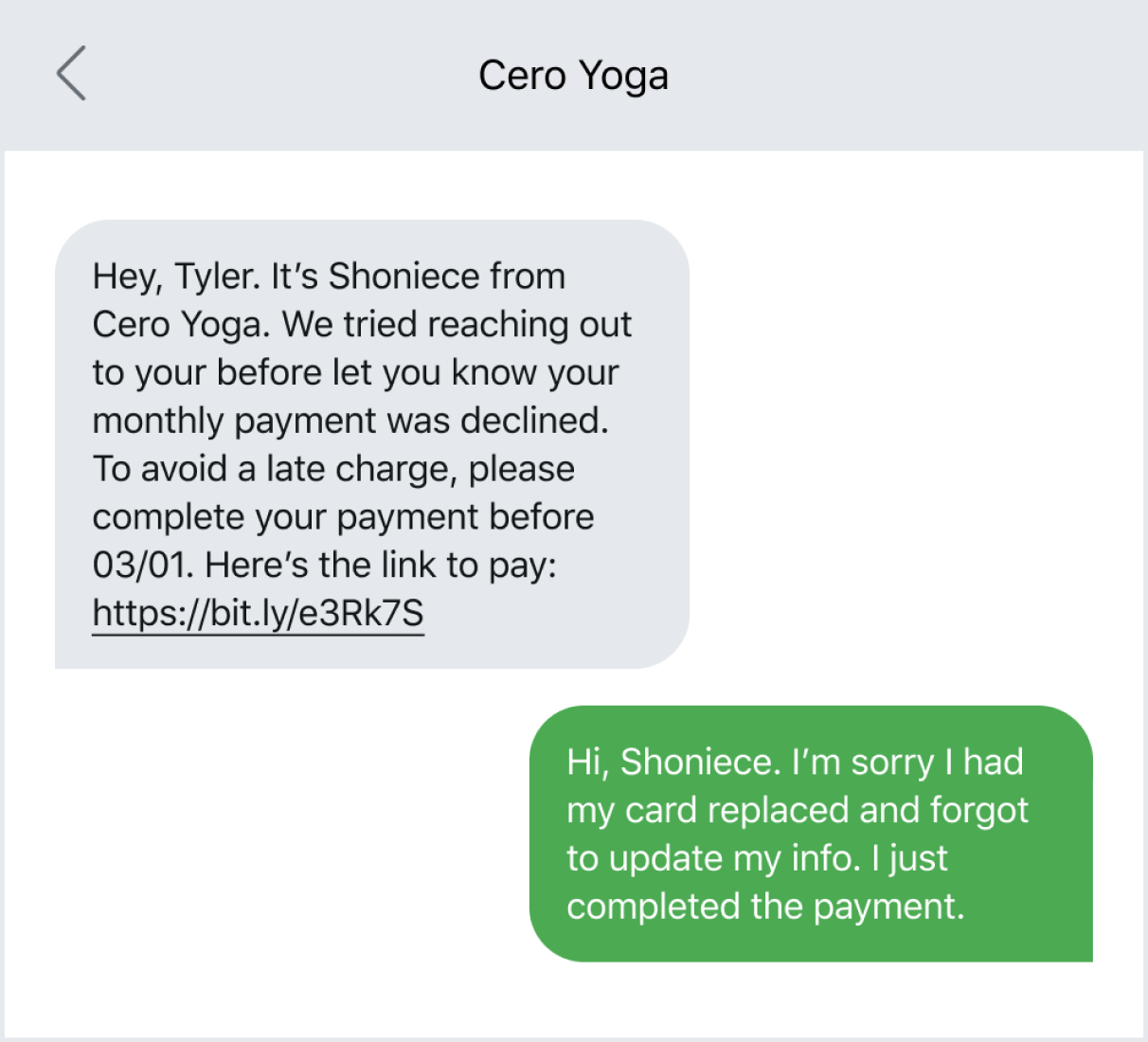 Example of sending a reminder text with a link to a payment page