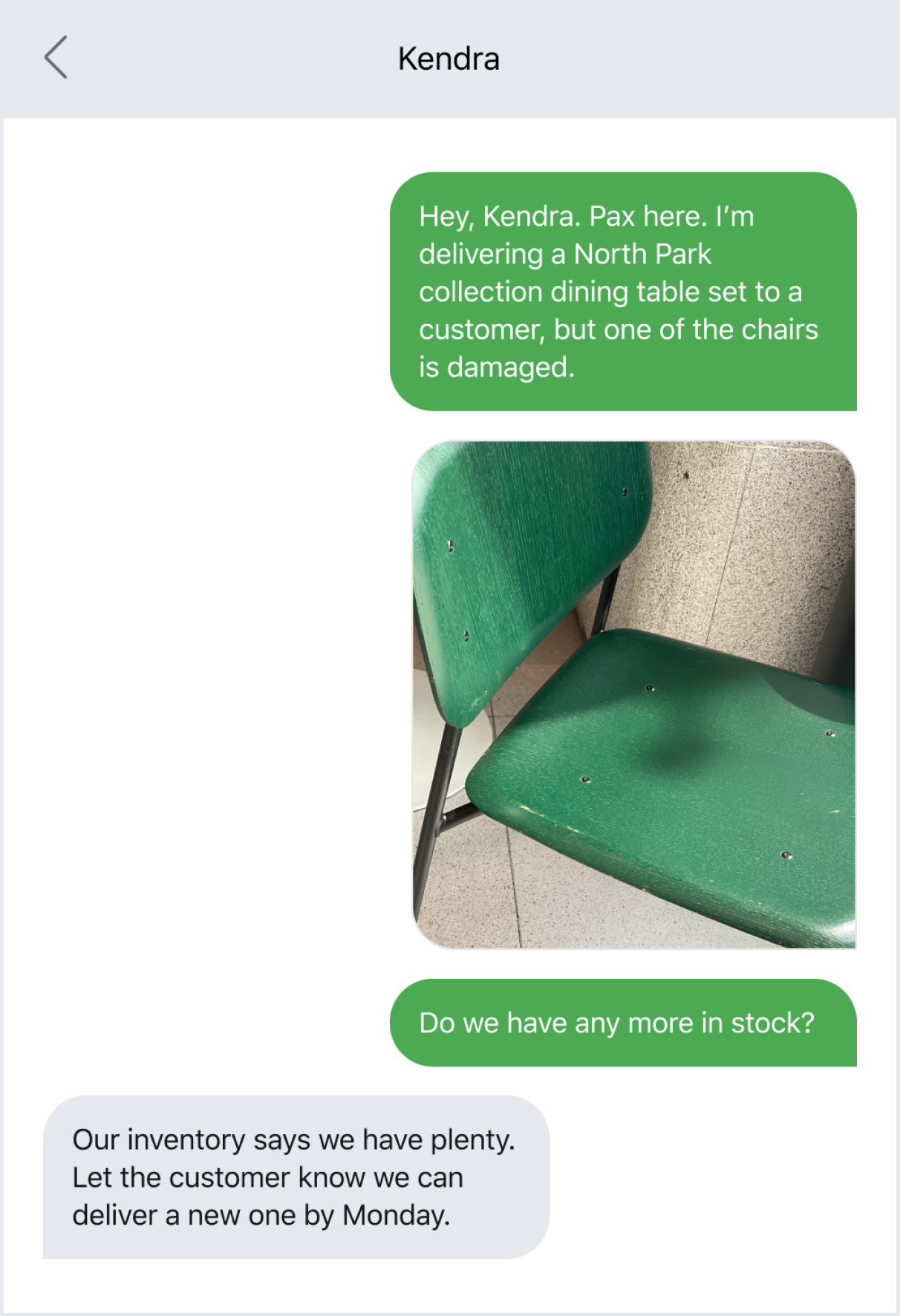 Example of texting to communicate about a damaged product