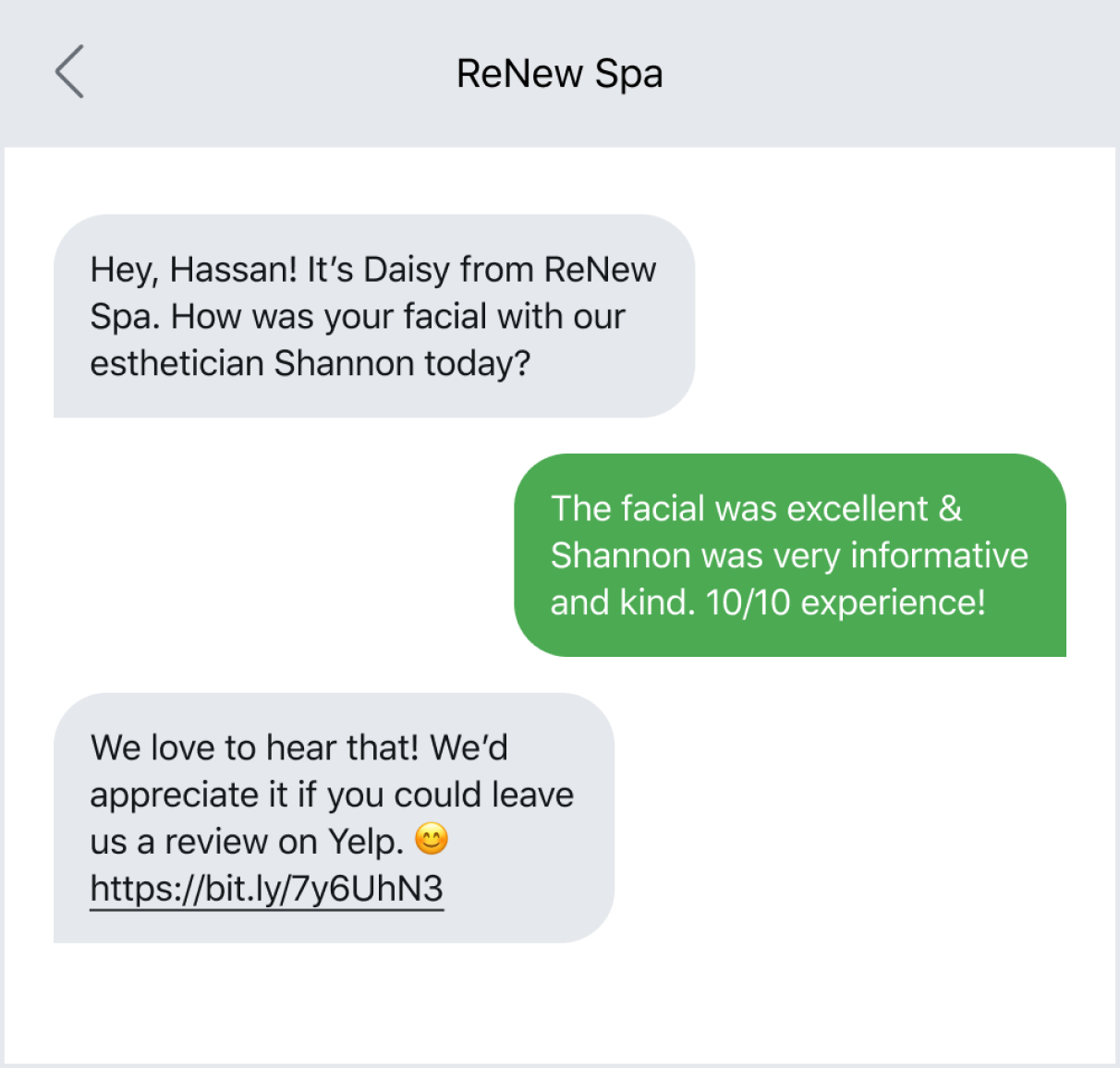 Text message example of asking a customer for a review
