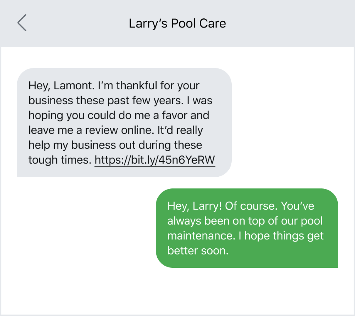 Text message example of a long-time customer offering a review