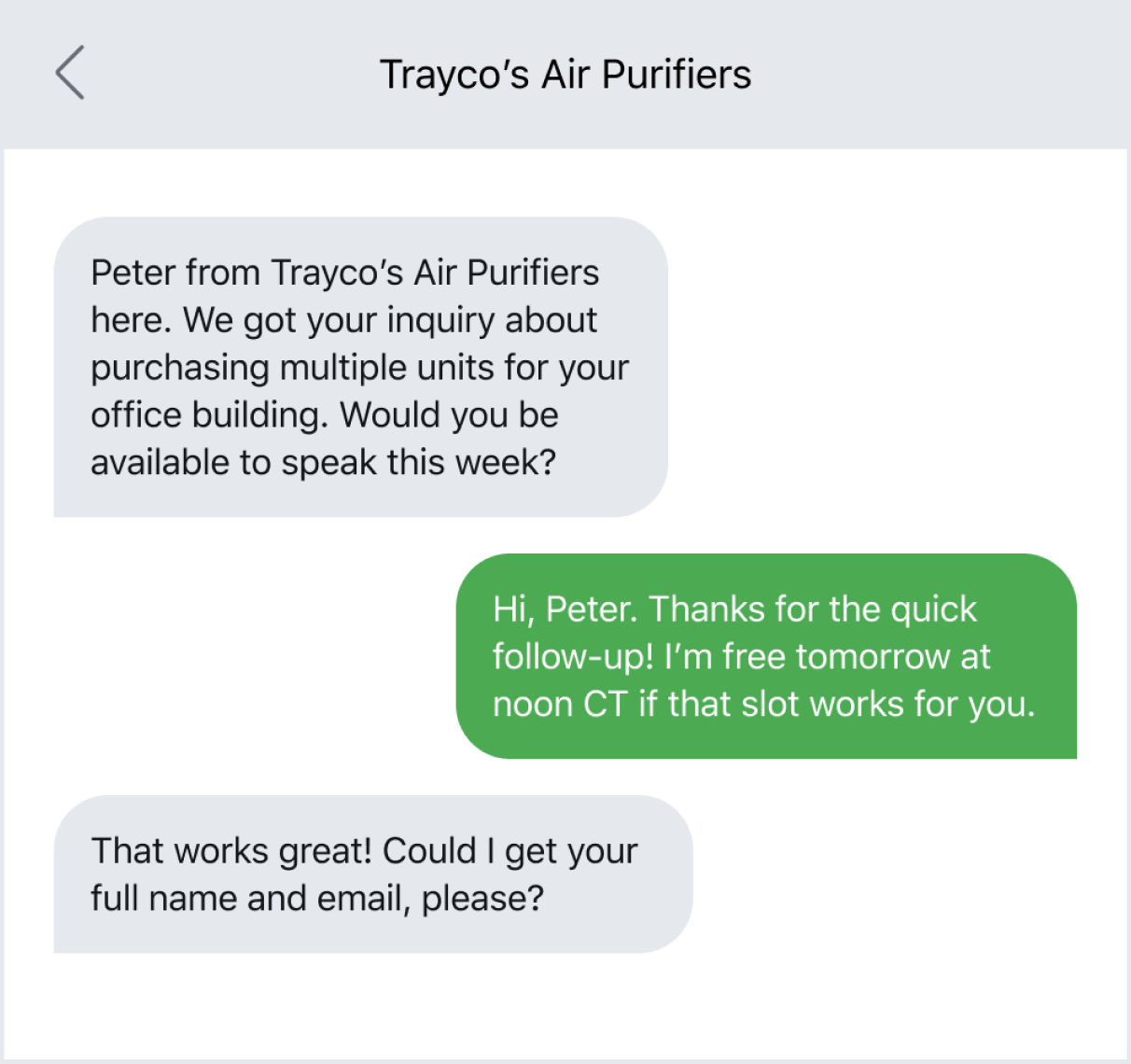 Example of booking a sales appointment via text