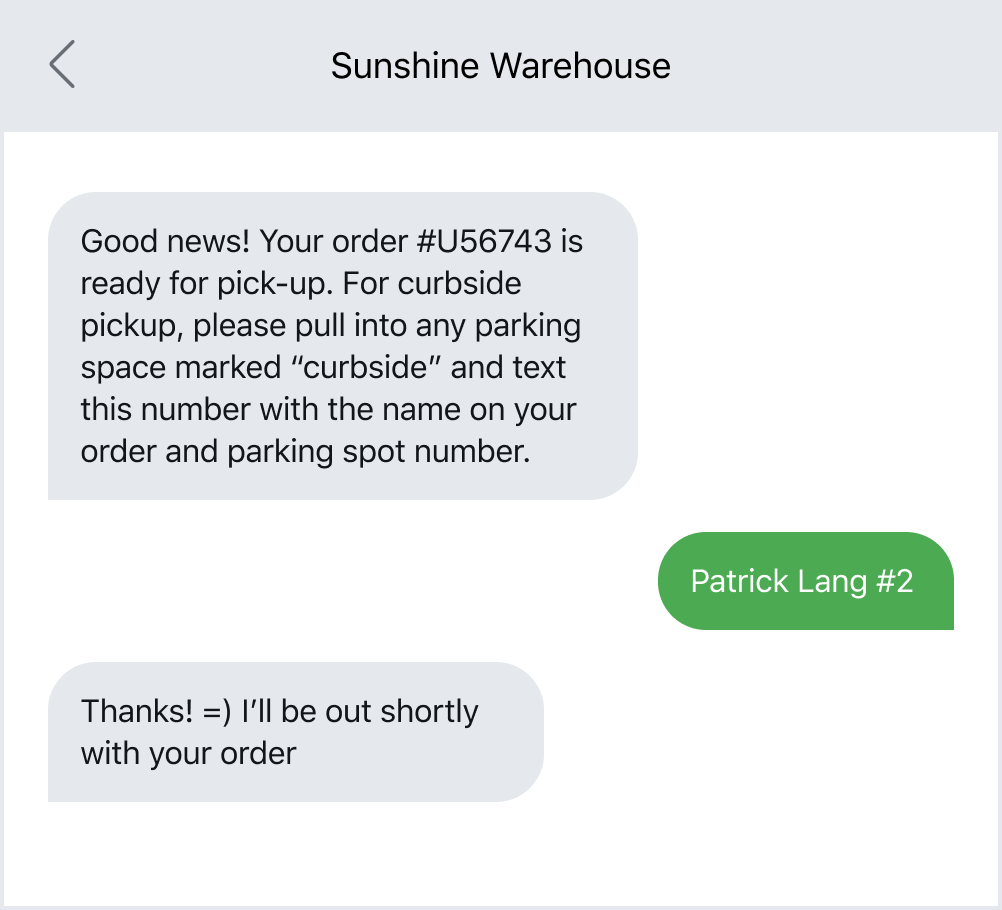 Example of a retail business texting a customer about an order pickup