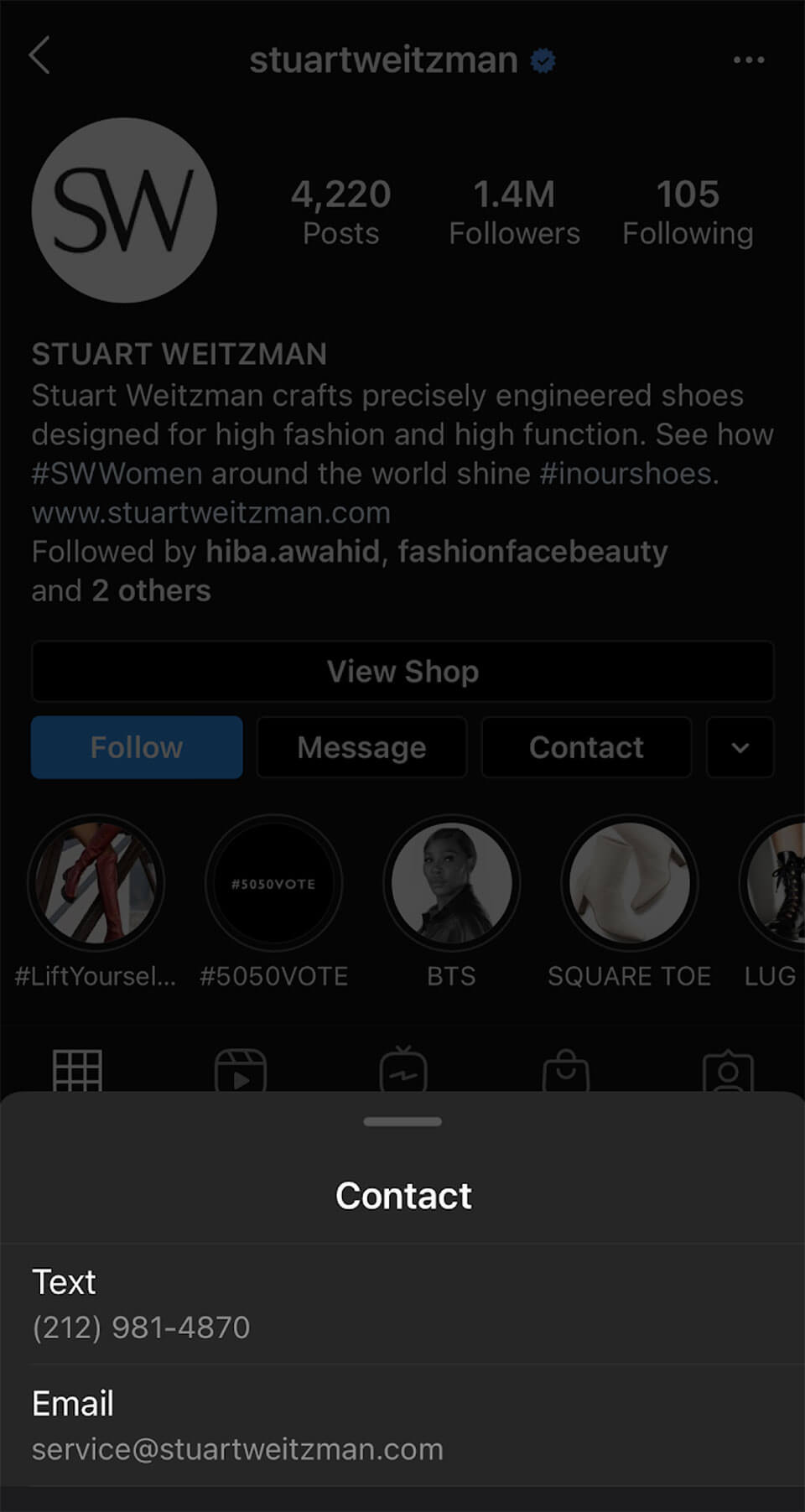 Click to action "text us" button on an Instagram business profile