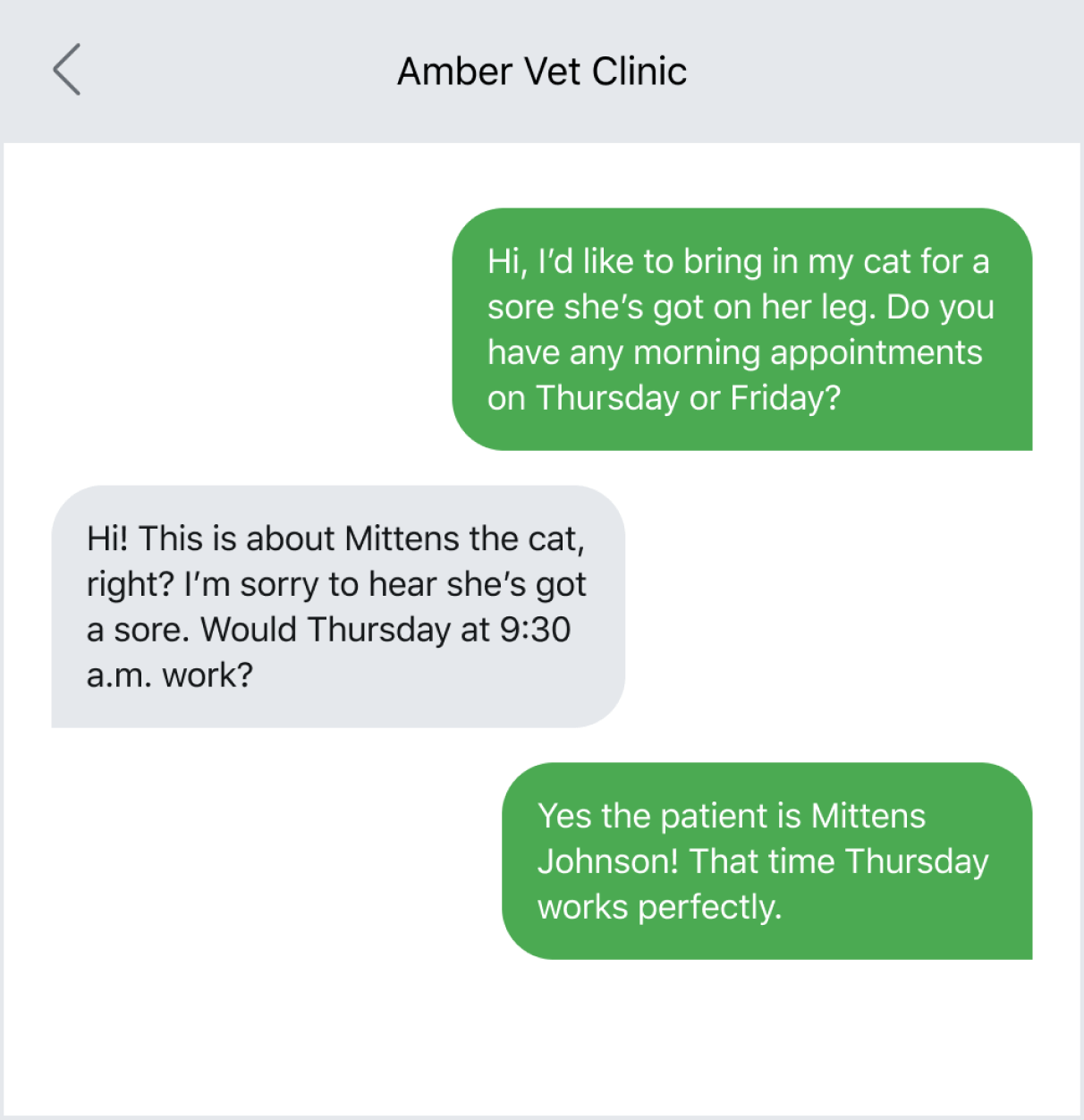 Example of texting the vet to schedule an appt.