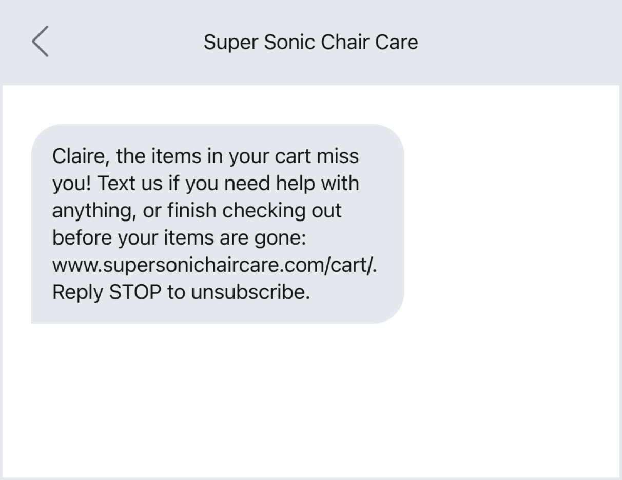 Text message example for abandoned cart reminder
