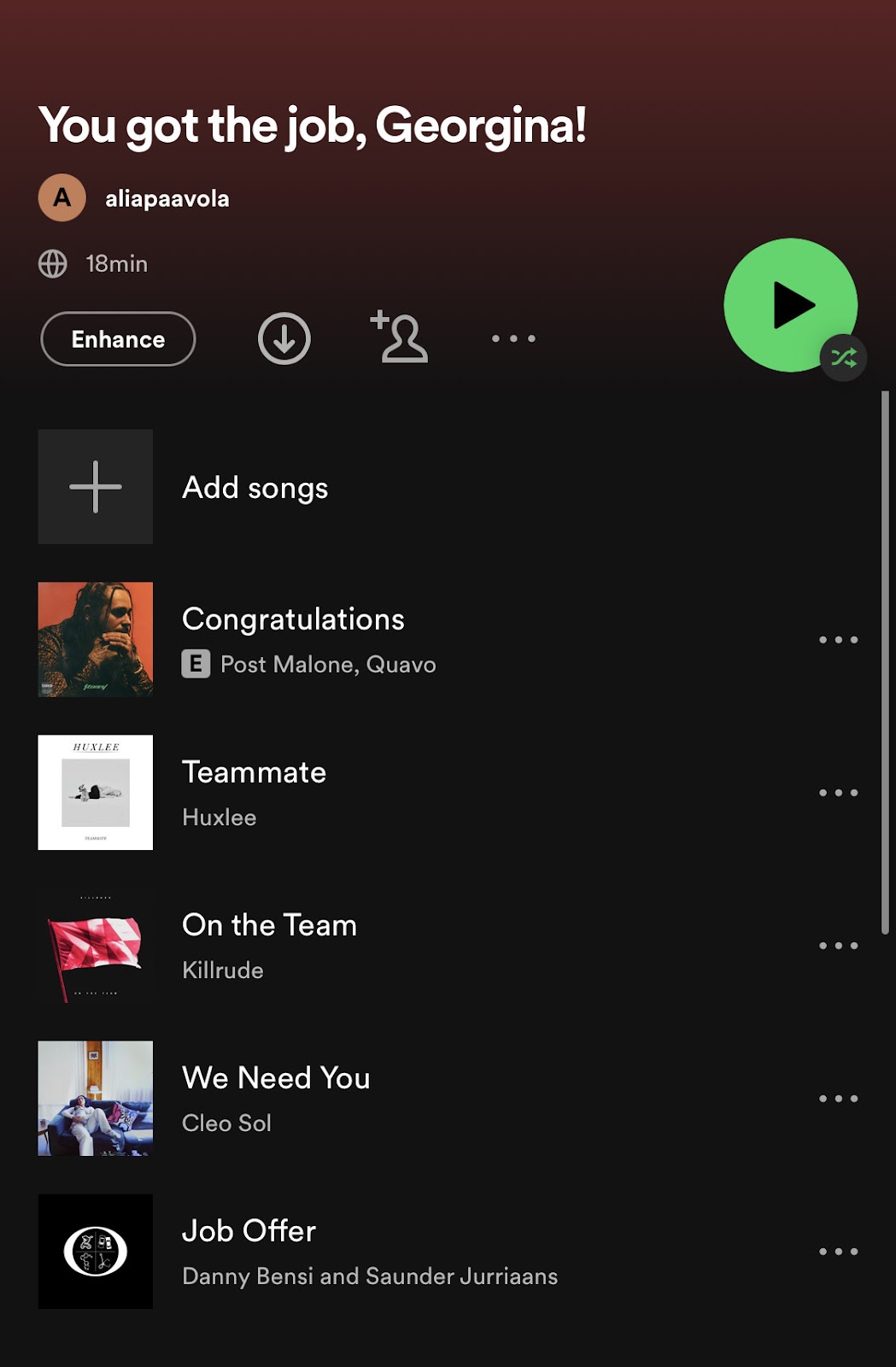 A playlist titled, "You got the job, Georgina"