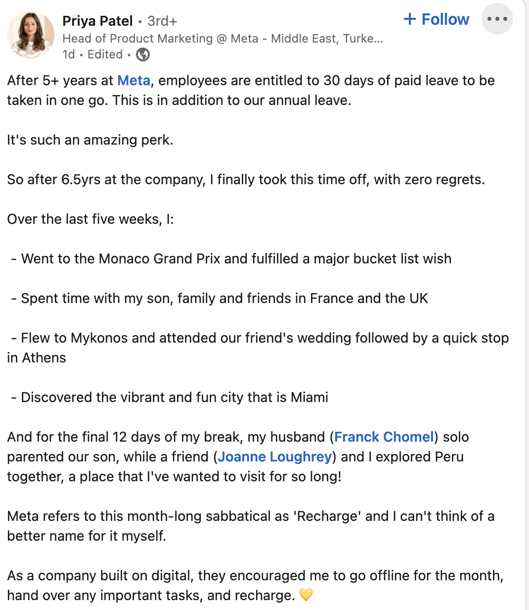 A screenshot of a Meta employee's post describing its unique sabbatical