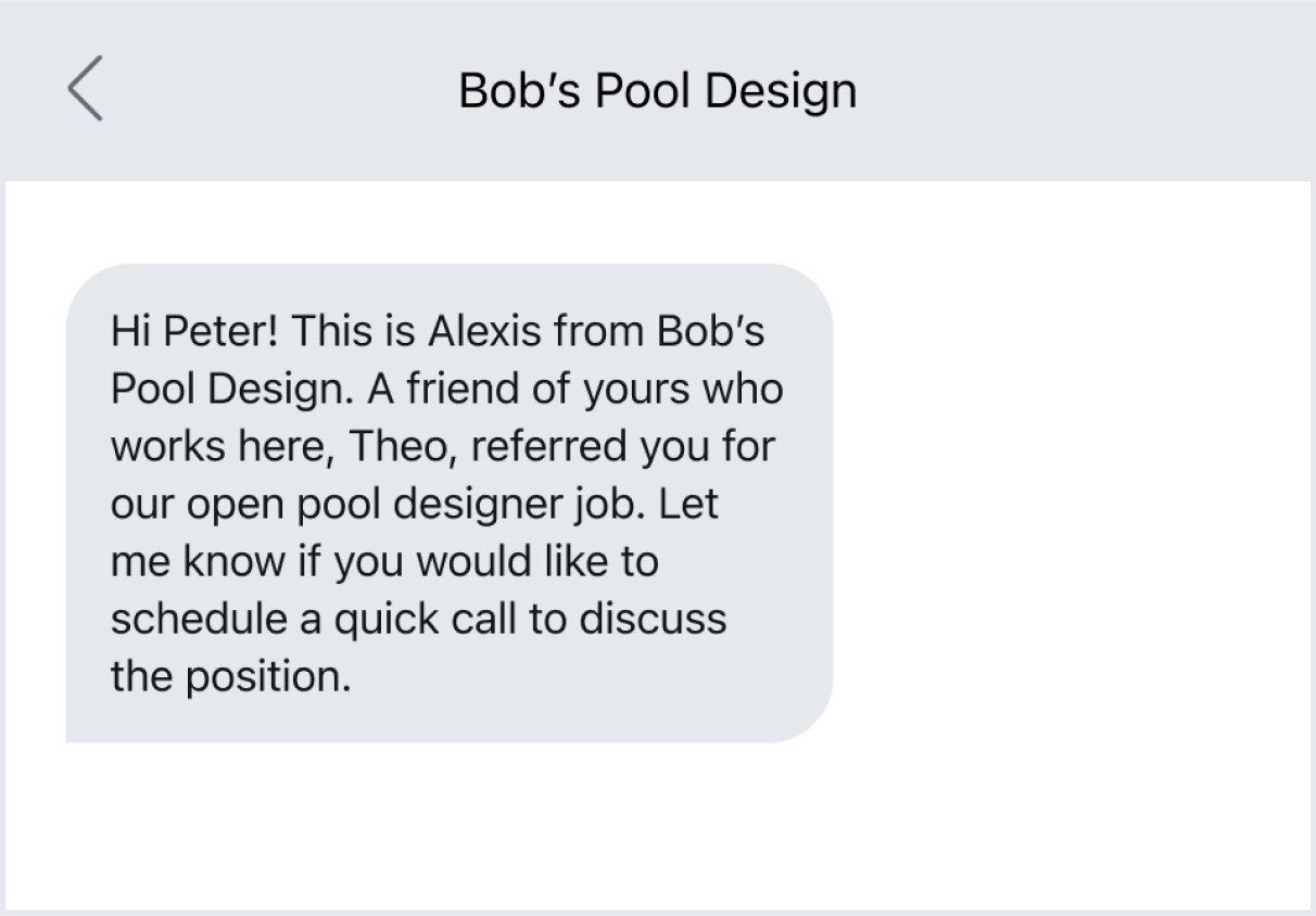 An example of a text from a recruiter at Bob's Pool Design